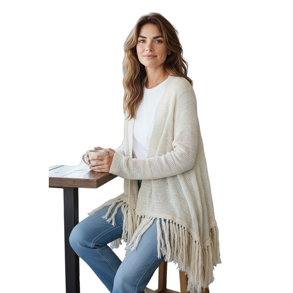 Chenault Cream Open Knit Fringe Hem Cardigan Sweater Boho USA Made S - Picture 1 of 8